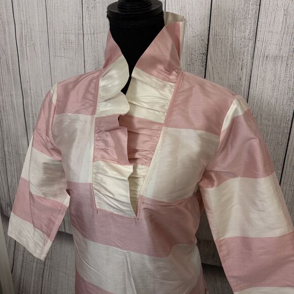 Devon Baer Women's Small Pink & White Ruffle 3/4 Sleeve 100% Silk Blouse Top - Picture 3 of 7